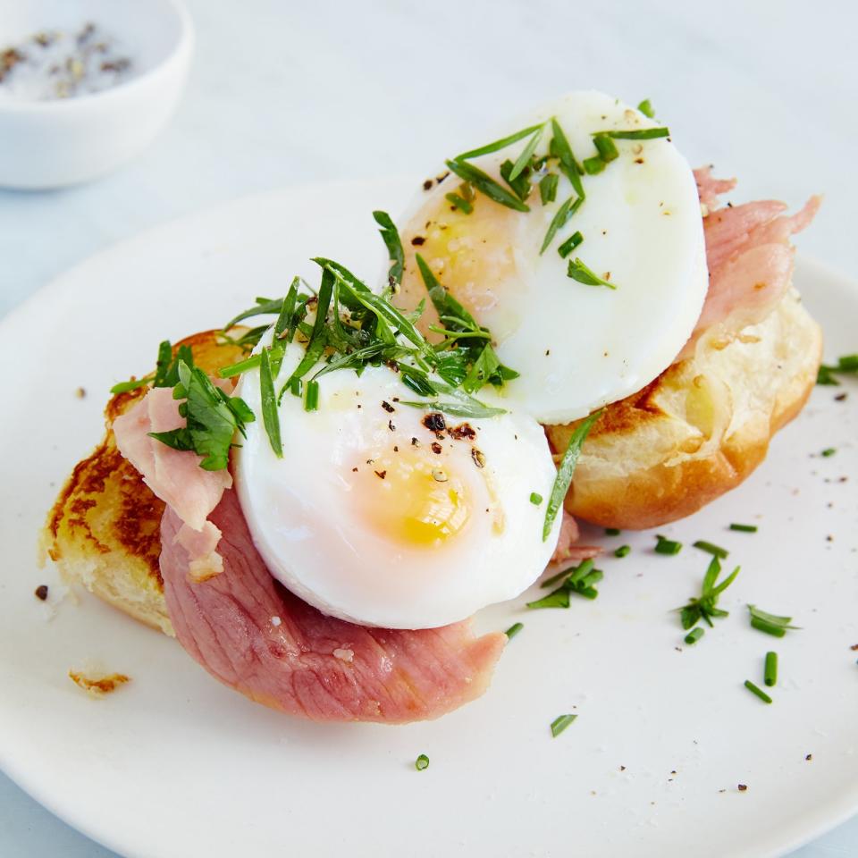Open-Face Egg and Griddled Ham Breakfast Sandwiches