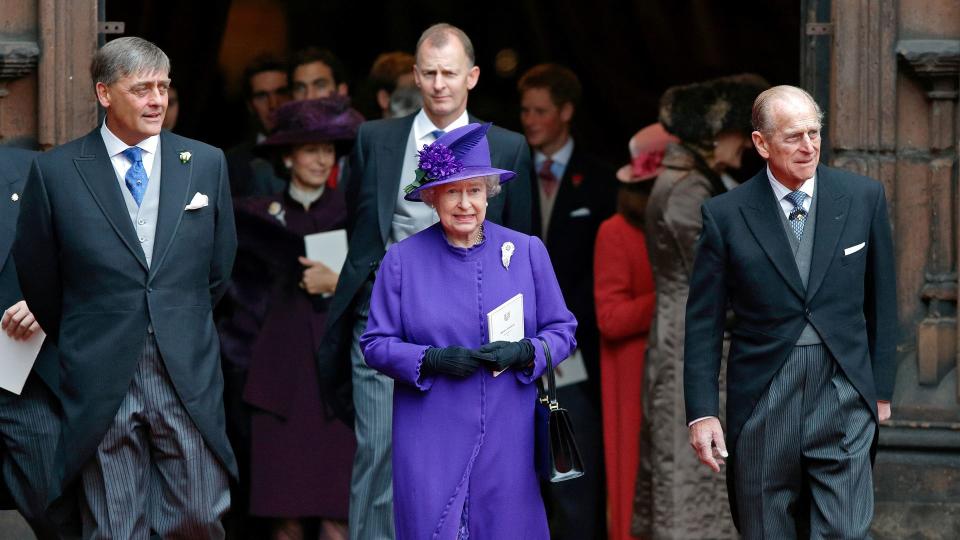 Gerald Grosvenor with the Queen and Prince Philip at Lady Tamara's wedding