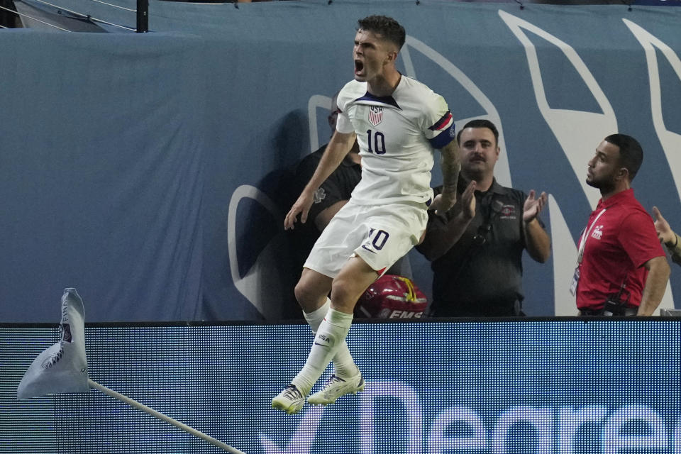 Christian Pulisic of the United States celebrates after scoring against Mexico during the first half of a CONCACAF Nations League semifinals soccer match Thursday, June 15, 2023, in Las Vegas. (AP Photo/John Locher)