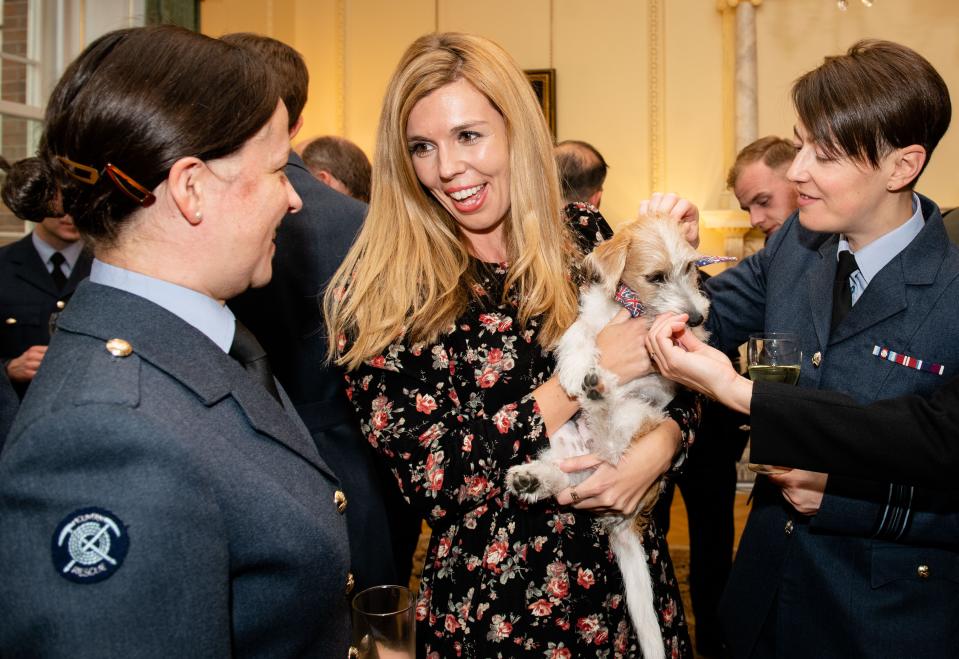 Carrie Symonds wears yet another excellent floral dress during a reception for the Armed Forces at No.10. She styled it with her blonde hair perfectly coiffed and minimal makeup. <em>[Photo: Getty Images]</em>