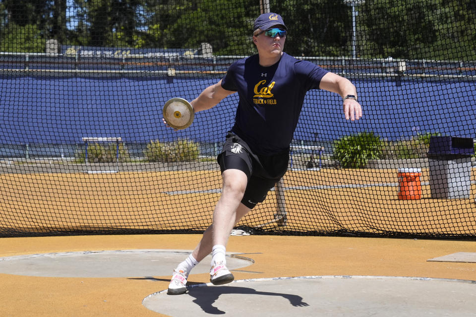 Mykolas Alekna prepares to throw a discus during practice in Berkeley, Calif., Thursday, May 2, 2024. (AP Photo/Jeff Chiu)