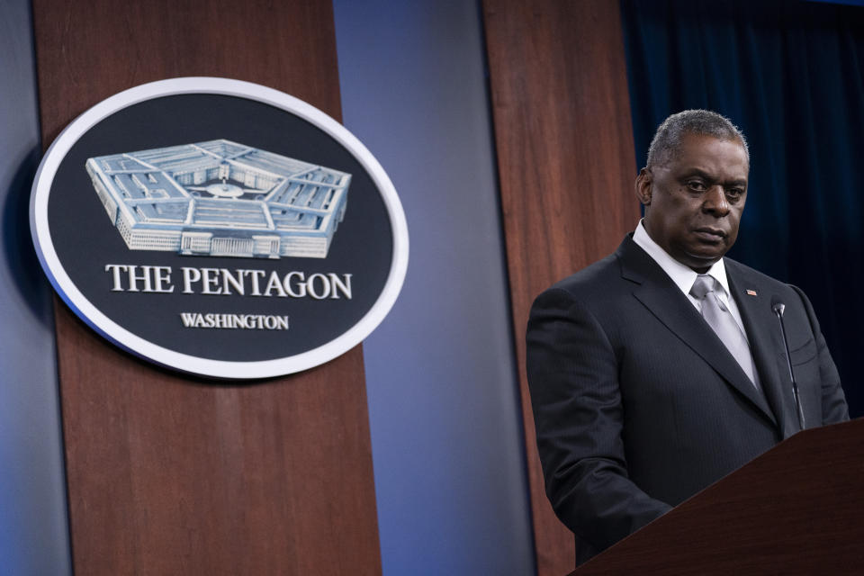 FILE - In this Feb. 19, 2021, file photo Secretary of Defense Lloyd Austin listens to a question as he speaks during a media briefing at the Pentagon in Washington. Secretary of State Antony Blinken and Austin are heading to Japan and South Korea for four days of talks starting Monday, March 15, as the administration seeks to shore up partnerships with the two key regional treaty allies. (AP Photo/Alex Brandon, File)