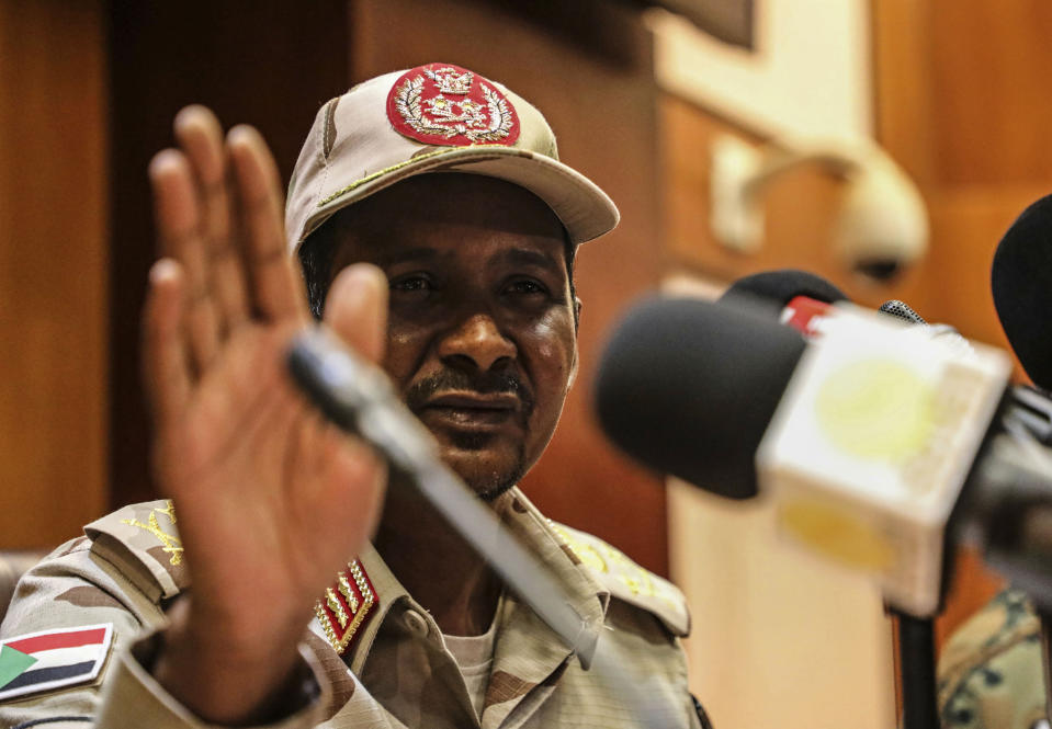 Gen. Mohamed Hamdan Dagalo, the deputy head of the military council speaks at a press conference in Khartoum, Sudan, Tuesday, April 30, 2019. Sudan’s ruling military council warned protesters against any further “chaos” as organizers call for mass rallies later this week. Dagalo, better known by his nickname "Hemedti, said Tuesday that council members “are committed to negotiate, but no chaos after today” and he called on protesters to open roads and railways. (AP Photo)