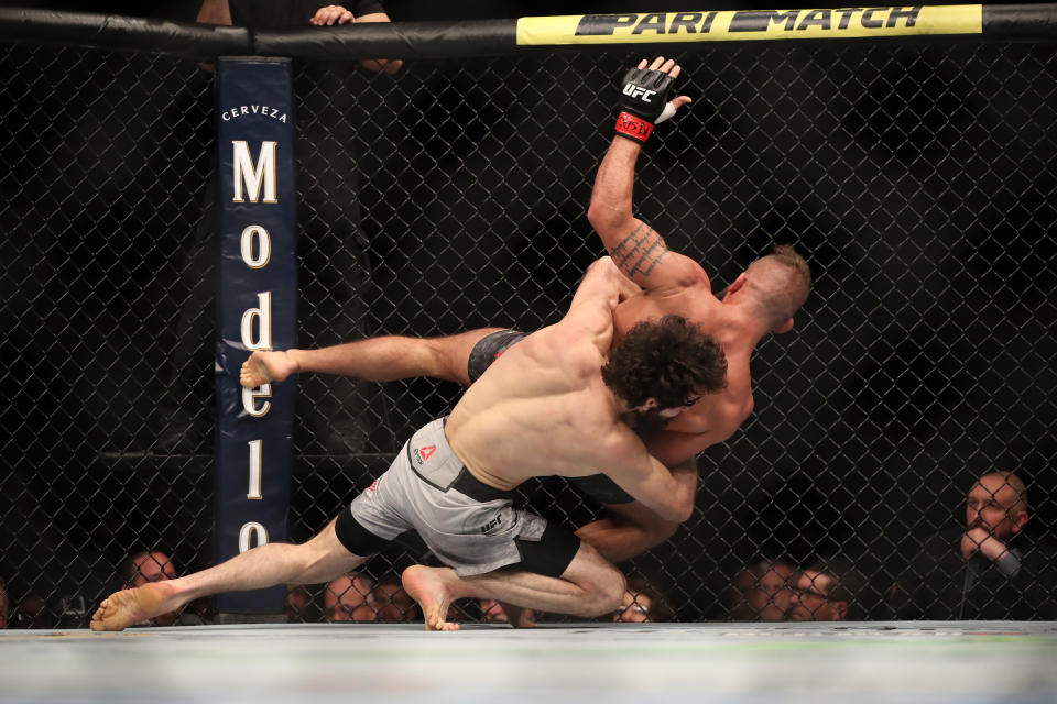 LAS VEGAS, NV - MARCH 02: Zabit Magomedsharipov of Russia takes down Jeremy Stephens in their featherweight bout during the UFC 235 event at T-Mobile Arena on March 2, 2019 in Las Vegas, Nevada.  (Photo by Christian Petersen/Zuffa LLC/Zuffa LLC)