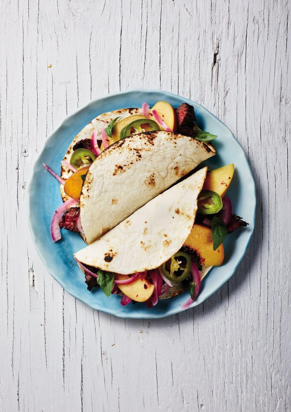 Grilled Steak Tacos With Pickled Peach and Onion