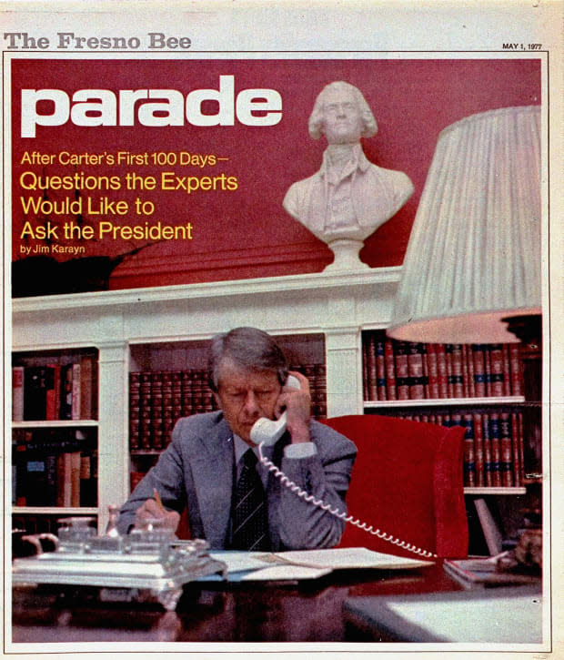 <p>On the May 1, 1977 cover of Parade, readers take a look at the <a href="https://parade.com/968403/parade/questions-to-ask-a-guy/" rel="nofollow noopener" target="_blank" data-ylk="slk:questions;elm:context_link;itc:0;sec:content-canvas" class="link ">questions</a> experts want to ask former president Carter after his first 100 days in office. </p>