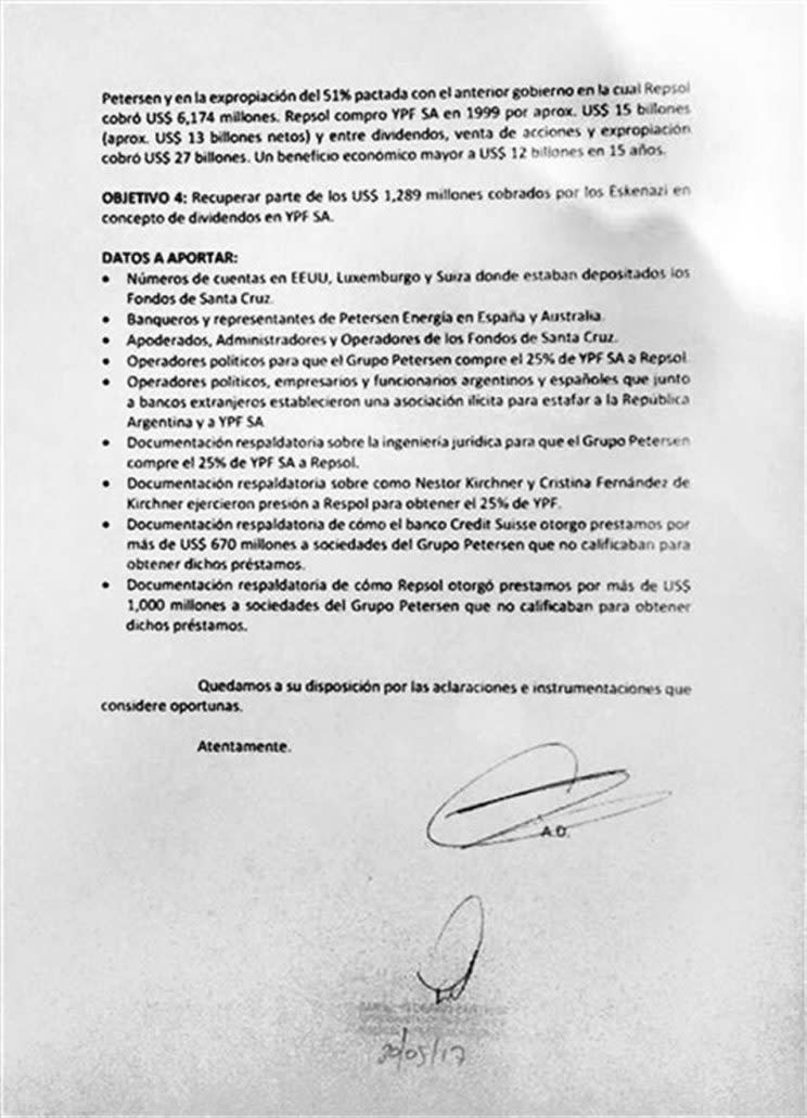 <em>Denuncia presentada al gobierno de Macri por parte de Aldo Ducler sobre el caso del matrimonio Kirchner. (La Nación)</em>