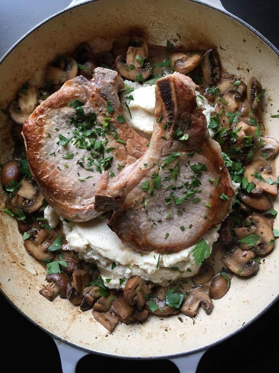 Pork Chops with Mushrooms and Cauliflower Mash