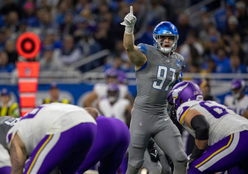 Detroit Lions defensive end Aidan Hutchinson before a play against the Minnesota Vikings at Ford Field in Detroit on Sunday, Jan. 7, 2024.