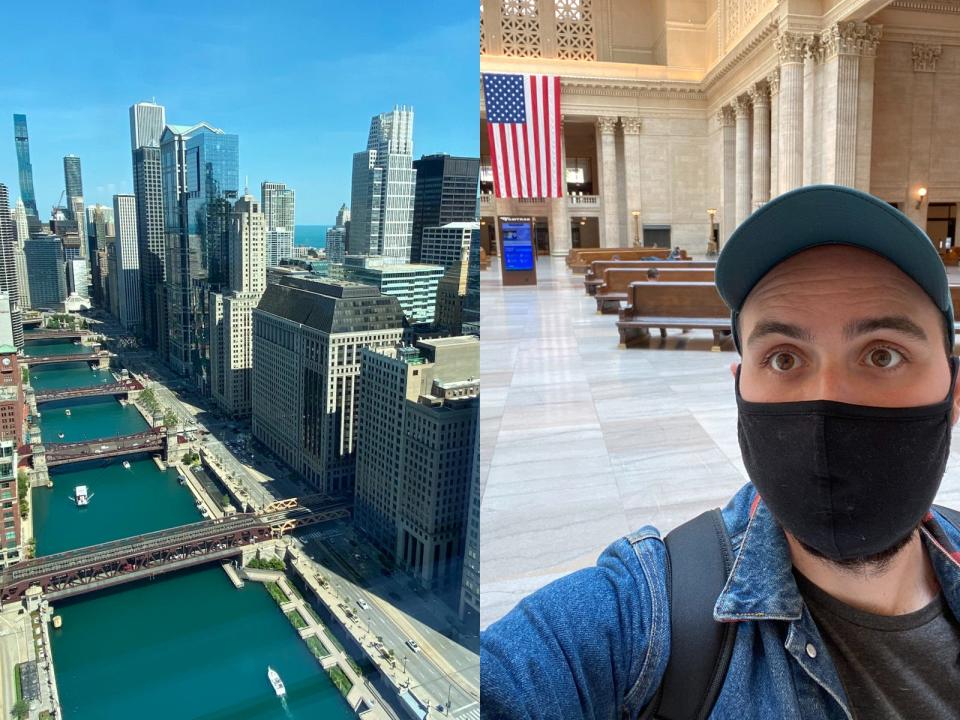 on the left is a picture of chicago skyline and on the right is frank in chicago union station