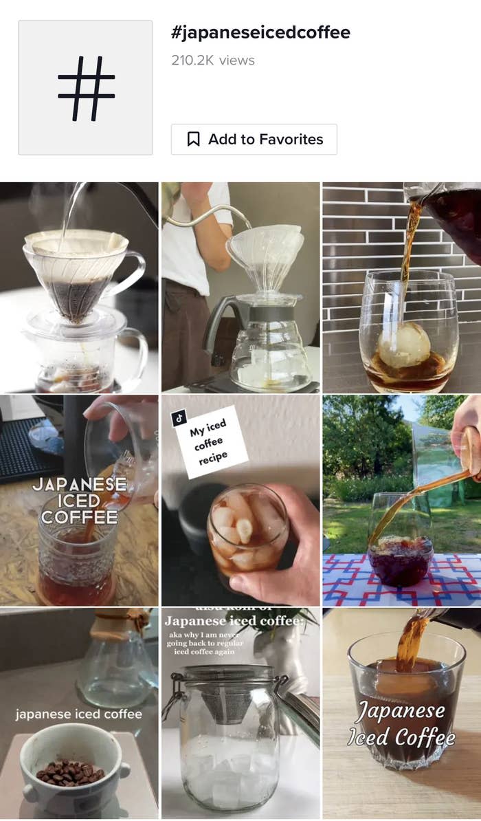 landing page of "japanese iced coffee" hashtag page on tiktok with multiple videos of people making japanese iced coffee