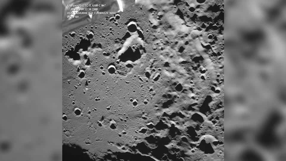 This photo released by the Roscosmos State Space Corporation on Thursday, August 17, shows the lunar south pole region on the far side of the moon captured by Russia's Luna-25 spacecraft before its failed attempt to land.  - Roscosmos/AP