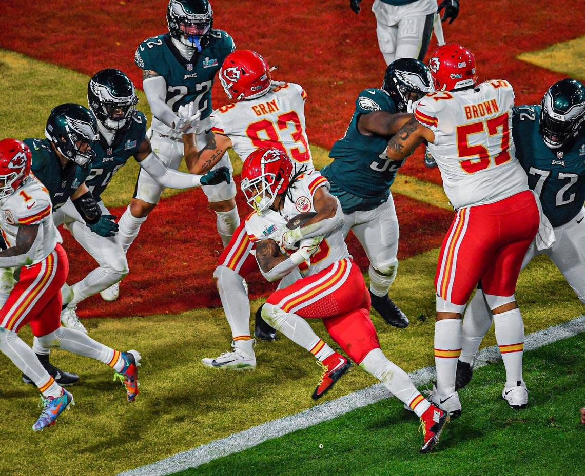 Kansas City Chiefs running back Isiah Pacheco runs in for a touchdown in the third quarter during Super Bowl LVII Sunday, Feb. 12, 2023, in Glendale, Ariz.