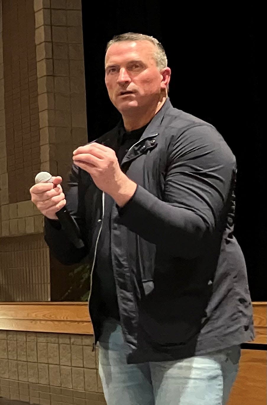 Chris Herren, a former NBA player whose career ended due to his addictions, speaks to a Granville High School audience Tuesday evening after starting the day talking to a Licking Memorial Hospital corporate breakfast crowd.