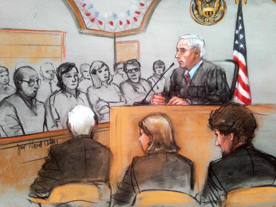 U.S. District Judge George O'Toole speaks during the sentencing phase of the murder trial of Dzhokhar Tsarnaev in a courtroom sketch in Boston April 21, 2015. The government began making its case that convicted bomber Tsarnaev should be sentenced to death for the 2013 attack and its aftermath. REUTERS/Jane Collins FOR EDITORIAL USE ONLY. NOT FOR SALE FOR MARKETING OR ADVERTISING CAMPAIGNS. NO ARCHIVES. NO SALES