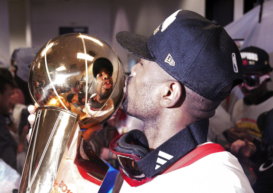 Toronto Raptors center Serge Ibaka celebrates after the Raptors defeated the Golden State Warriors in Game 6 of basketball's NBA Finals in Oakland, Calif., Thursday, June 13, 2019. (AP Photo/Tony Avelar)