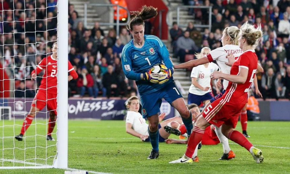 Laura O’Sullivan makes one of many saves to help Wales to a draw with England in the World Cup qualifier.