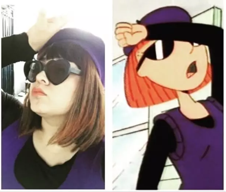 Woman posing in heart sunglasses and hat alongside cartoon version