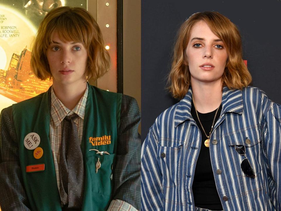 A side by side image of Maya Hawke as Robin in "Stranger Things" and her on a red carpet.