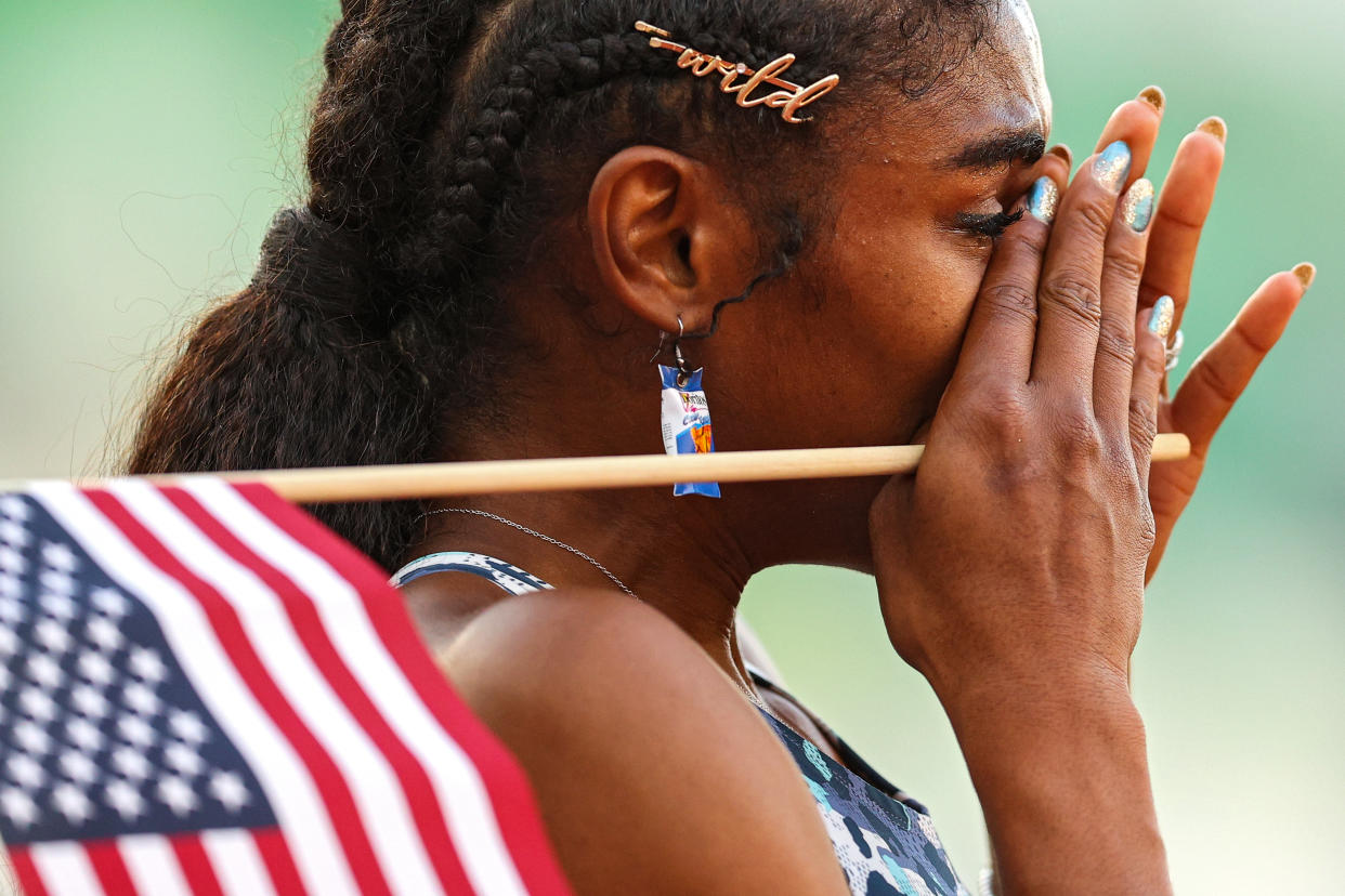 EUGENE, OREGON - JUNE 20: Christina Clemons cries after the Women's 100 Meter Hurdles Final on day three of the 2020 U.S. Olympic Track & Field Team Trials at Hayward Field on June 20, 2021 in Eugene, Oregon. (Photo by Patrick Smith/Getty Images)