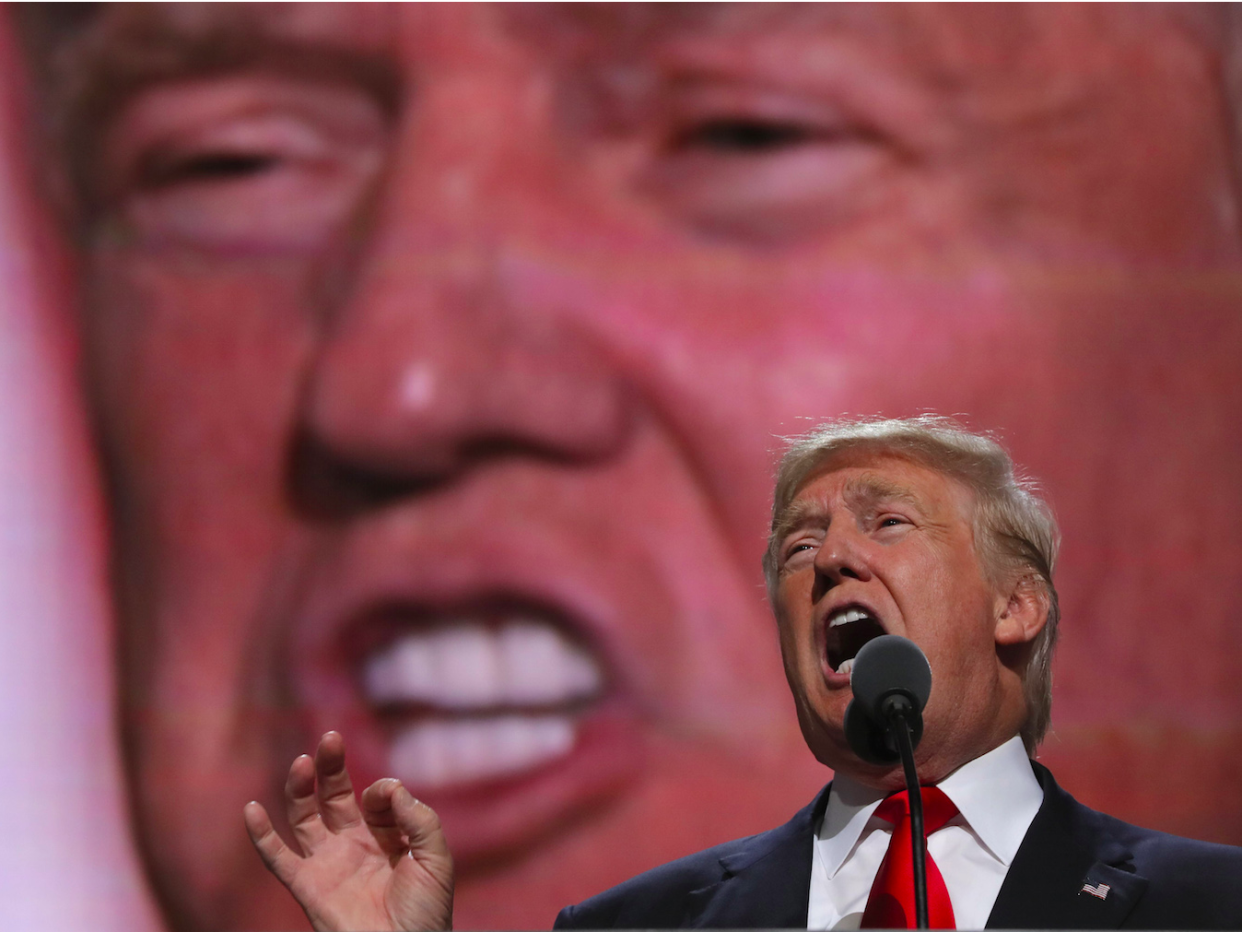 Republican presidential nominee Donald Trump speaks as he accepts the nomination during the final session of the Republican National Convention in Cleveland, Ohio, July 21, 2016.