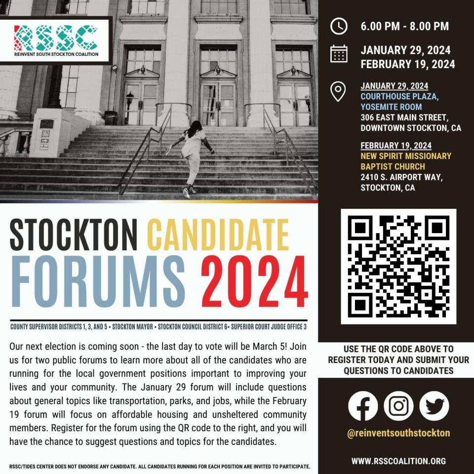 Flyer for Reinvent South Stockton Coalition's 2024 candidate forums.