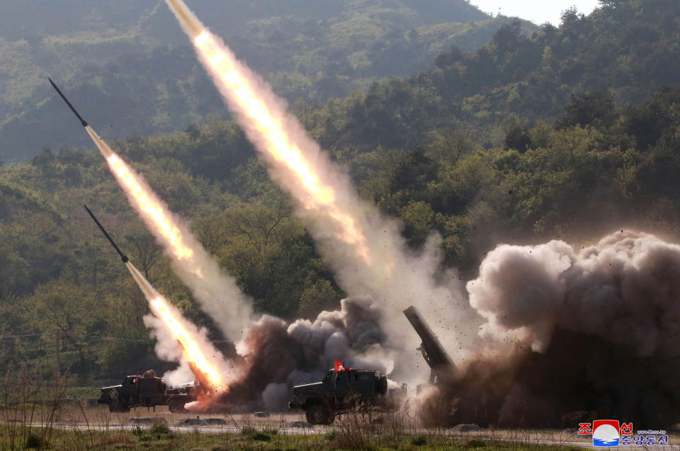 This Thursday, May 9, 2019, photo provided Friday, May 10, 2019, by the North Korean government shows a test of military weapon systems in North Korea. North Korea fired two suspected short-range missiles toward the sea on Thursday, South Korean officials said, its second weapons launch in five days and a possible warning that nuclear disarmament talks with Washington could be in danger. Independent journalists were not given access to cover the event depicted in this image distributed by the North Korean government. The content of this image is as provided and cannot be independently verified. Korean language watermark on image as provided by source reads: "KCNA" which is the abbreviation for Korean Central News Agency. (Korean Central News Agency/Korea News Service via AP)