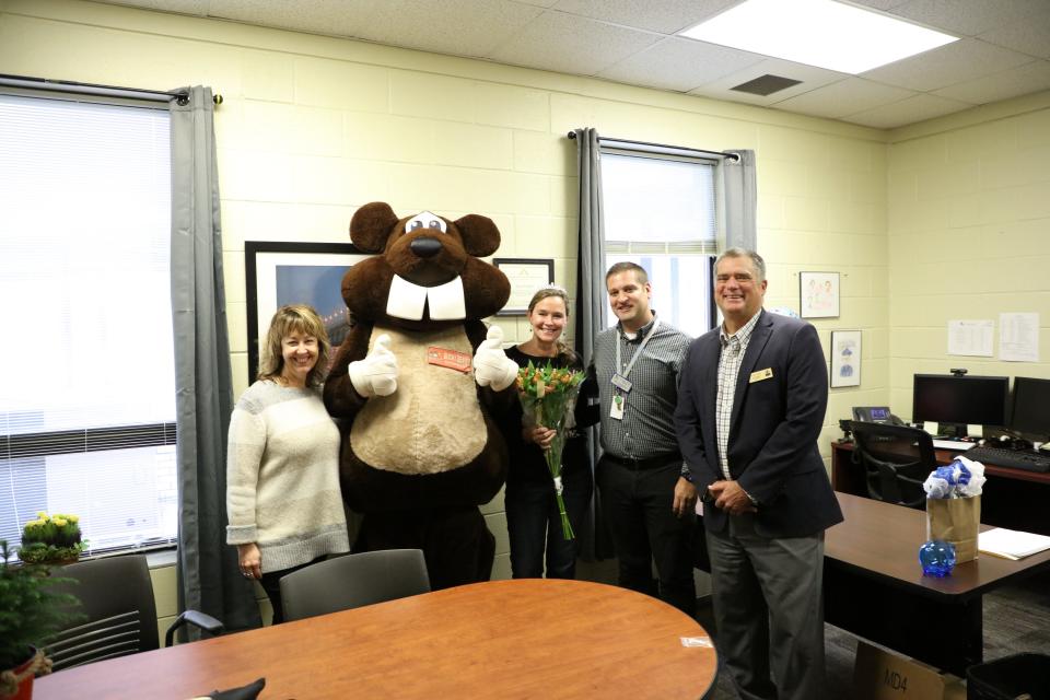 Beaver Toyota St. Augustine mascot Bucky the Beaver was on hand for the "prize patrol" announcing the finalists. Pictured are Donna Lueders, INK! executive director (from left); Bucky; Patricia McElhone, St. Johns Virtual School; Ryan Erskine, school principal; and St. Johns County School District Superintendent Tim Forson.