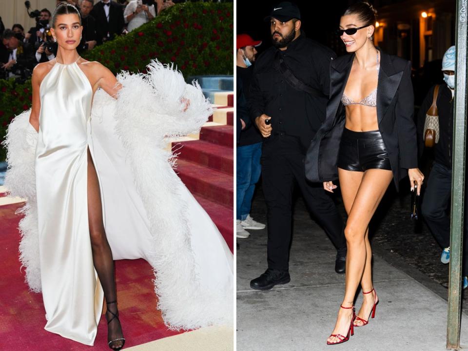 Hailey Bieber at the 2022 Met Gala (left), and the model at an after-party (right).