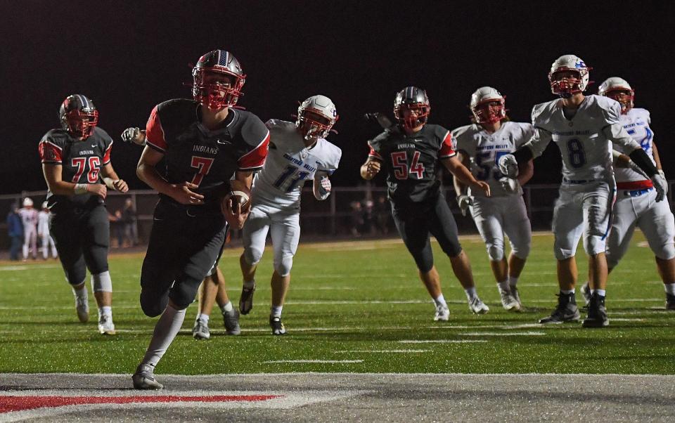 Brock Cornell #7 of West Allegheny goes into the end zone for a touchdown in the second quarter during the game against the Chartiers Valley Colts at Joe P. DeMichela Stadium on September 30, 2022 in Imperial, Pennsylvania.