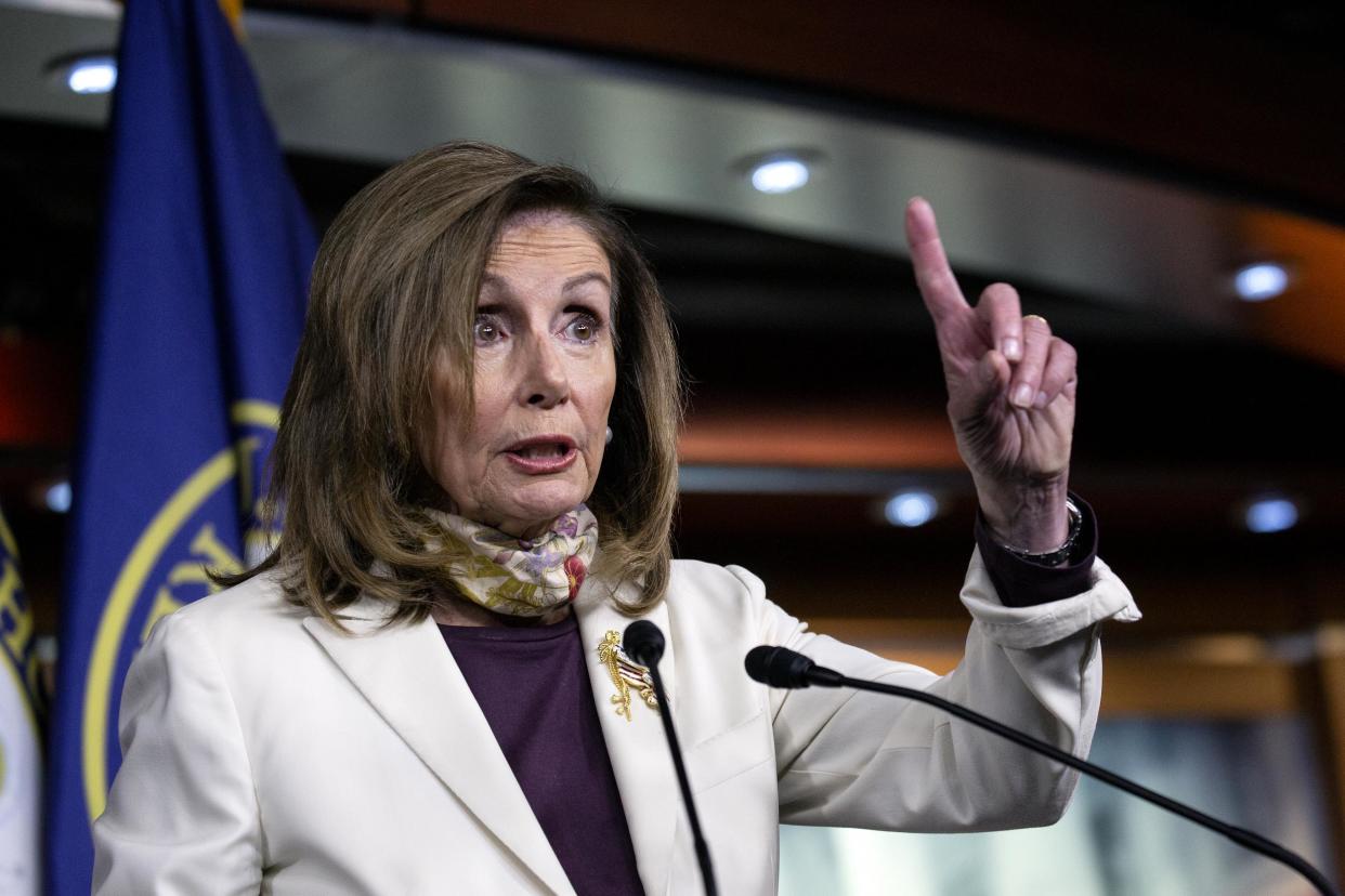 WASHINGTON, DC - AUGUST 06: Speaker of the House Nancy Pelosi (D-CA) speaks during her weekly news conference at the U.S. Capitol on August 6, 2020 in Washington, DC. Negotiations between Pelosi, Senate Minority Leader Charles Schumer (D-NY), U.S. Treasury Secretary Steven Mnuchin, and White House Chief of Staff Mark Meadows are expected to continue today, as they look to find a compromise between McConnell's $1 trillion stimulus package and the $3 trillion package passed by the House in May. (Photo by Stefani Reynolds/Getty Images)