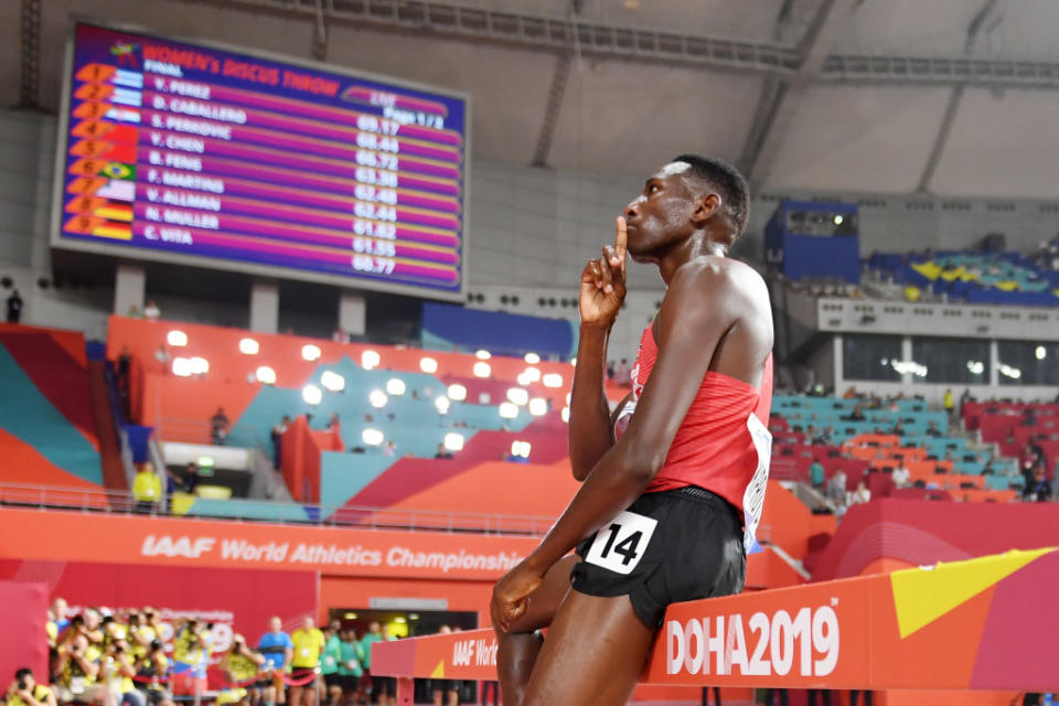 Conseslus Kipruto of Kenya celebrates winning gold in the Men's 3000 metres Steeplechase final during day eight of 17th IAAF World Athletics Championships Doha 2019 at Khalifa International Stadium on October 04, 2019 in Doha, Qatar. (Photo by Matthias Hangst/Getty Images)