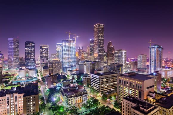 Urban skyline at night.