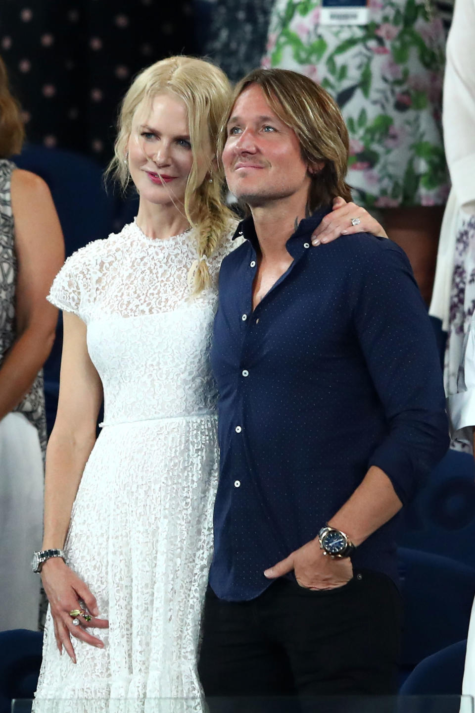 <span>The Big Little Lies actress looked court side chic in a white lace cap-sleeve sundress. </span>Photo: Getty Images