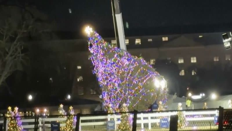 In this image made from video, the National Christmas Tree hangs from a crane in front of the White House as a crew works to lift it back up after it fell on Tuesday, Nov. 28, 2023, amid high winter winds.