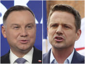 This combination of photos shows candidates in Poland's presidential election, Warsaw Mayor Rafal Trzaskowski, right, and Poland's President Andrzej Duda. The two candidates are heading into a razor's-edge presidential runoff election Sunday, July 12, 2020, that is seen as an important test of populism in Europe after a campaign that exacerbated a conservative-liberal divide in the country. (AP Photo/Czarek Sokolowski)