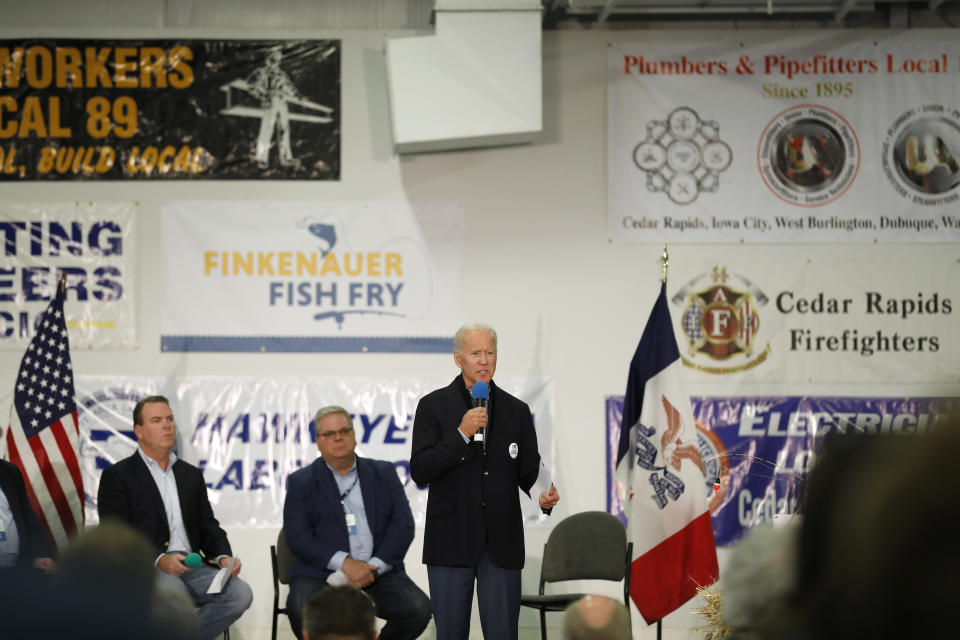 Democratic presidential candidate former Vice President Joe Biden speaks during a fund-raising fish fry for U.S. Rep. Abby Finkenauer, D-Iowa, Saturday, Nov. 2, 2019, at Hawkeye Downs Expo Center in Cedar Rapids, Iowa. (AP Photo/Charlie Neibergall)