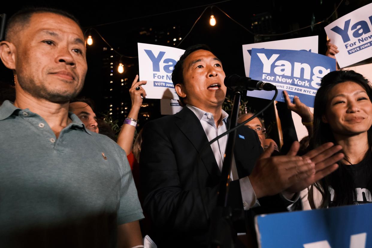 Mayoral candidate Andrew Yang greets supporters at a Manhattan hotel as he concedes in his campaign for mayor on June 22, 2021, in New York City. Early polls showed Yang, who has never held a political office before, far behind other candidates in the Democratic primary.