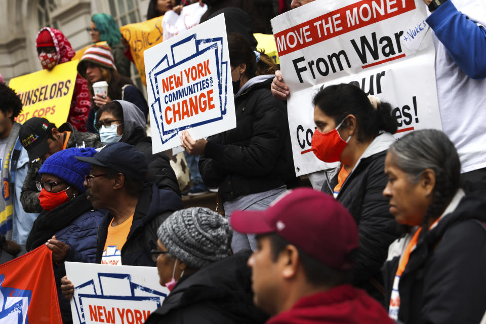 Advocates for people with mental illnesses protest New York City Mayor Eric Adams' plan to force people from the streets and into mental health treatment, Wednesday, Dec. 7, 2022, in New York. (AP Photo/Julia Nikhinson)