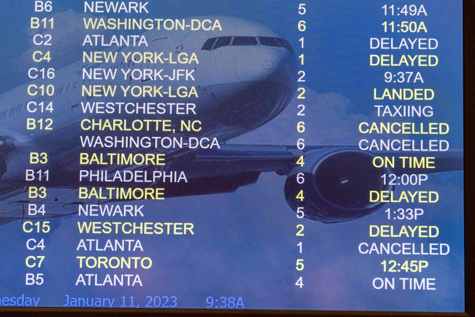 Flights status at Palm Beach International Airport in West Palm Beach, Florida on January 11, 2023. Thousands of flight delays and cancellations rippled across the U.S. after a computer outage led to a grounding order by the Federal Aviation Administration. 