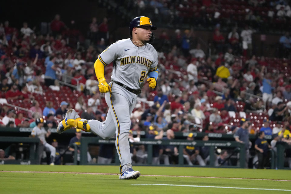 Milwaukee Brewers' William Contreras rounds the bases after hitting a solo home run during the third inning of a baseball game against the St. Louis Cardinals Tuesday, Sept. 19, 2023, in St. Louis. (AP Photo/Jeff Roberson)