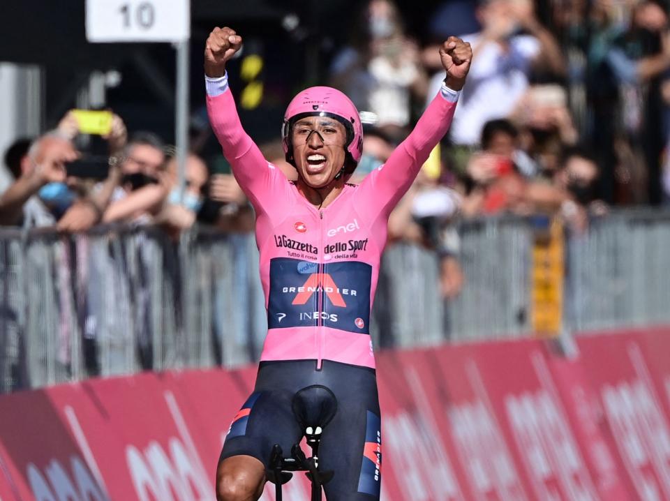 <p>Egan Bernal celebrates after winning the Giro d’Italia</p> (AFP via Getty Images)