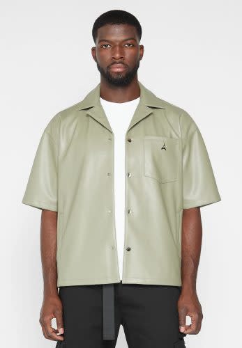 pale green vegan leather short sleeve men's shirt