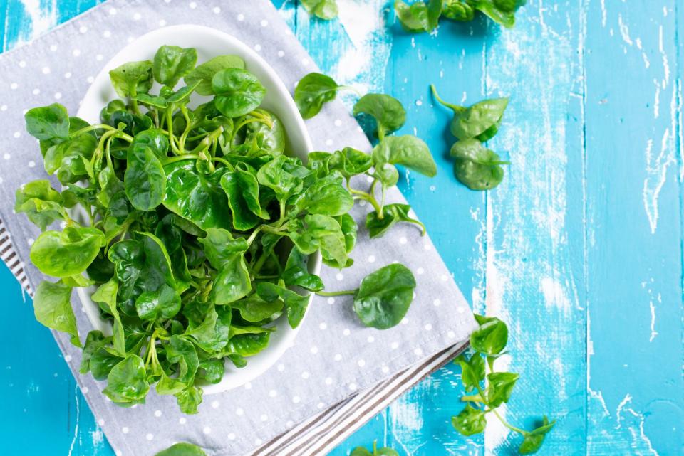<p>Shake up your go-to salad with this peppery leafy green while keeping your skin glowing in the process. “It’s packed with water, <a href="https://www.prevention.com/food-nutrition/g20511745/9-foods-with-more-vitamin-c-than-an-orange/" rel="nofollow noopener" target="_blank" data-ylk="slk:vitamin C;elm:context_link;itc:0;sec:content-canvas" class="link ">vitamin C</a>, <a href="https://www.prevention.com/food-nutrition/g21288692/vitamin-a-foods/" rel="nofollow noopener" target="_blank" data-ylk="slk:vitamin A;elm:context_link;itc:0;sec:content-canvas" class="link ">vitamin A</a>, and antioxidants that kill free radicals,” Mirkin says, one of the main aggressors of premature skin damage.</p><p><strong>Try it:</strong> <a href="https://www.prevention.com/food-nutrition/recipes/a20520193/cucumber-and-melon-salad-with-watercress-herbs-and-feta/" rel="nofollow noopener" target="_blank" data-ylk="slk:Cucumber and Melon Salad with Watercress, Herbs, and Feta;elm:context_link;itc:0;sec:content-canvas" class="link ">Cucumber and Melon Salad with Watercress, Herbs, and Feta</a></p>