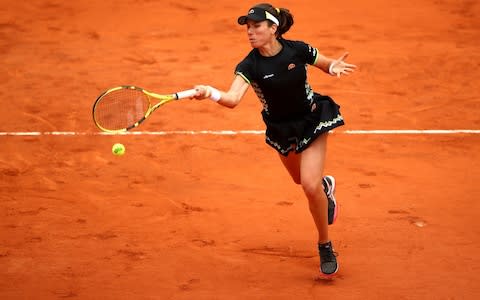 Johanna Konta of Great Britain plays a forehand during her ladies singles semi-final match against Marketa Vondrousova of The Czech Republic during Day thirteen of the 2019 French Open at Roland Garros on June 07, 2019 in Paris, France - Credit: Getty Images&nbsp;