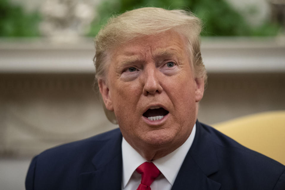 President Donald Trump speaks during a meeting with Greek Prime Minister Kyriakos Mitsotakis in the Oval Office of the White House, Tuesday, Jan. 7, 2020, in Washington. (AP Photo/Alex Brandon)