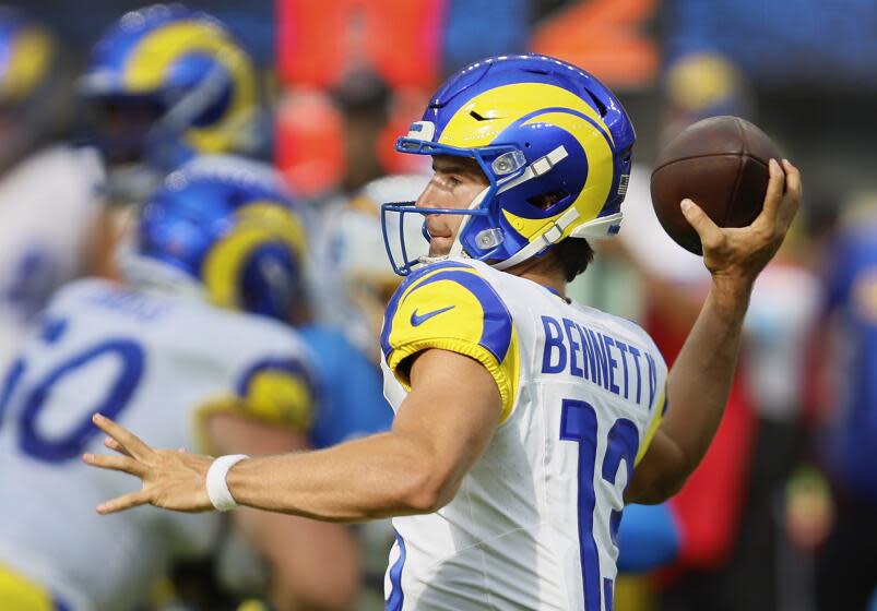 Inglewood, CA - August 17: Rams quarterback Stetson Bennett passes the ball.