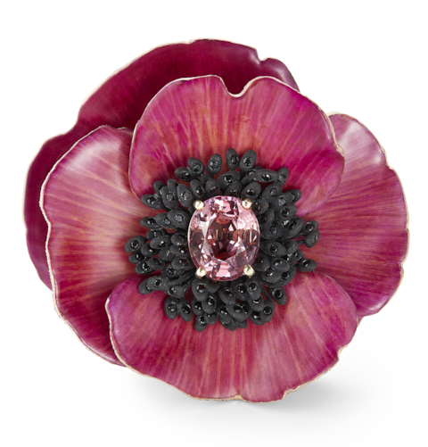 Boucheron titanium, pink gold, padparadscha sapphire, black spinel, purple and orange sapphire and natural petal ring