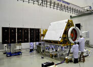 RISAT-1 with one of its solar panel wings deployed.The satellite’s microwave remote sensors can take images through fog and cloud.