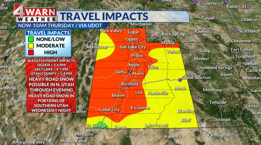 This map shows UDOT travel advisory levels across Utah through Thursday morning. (credit: KTVX)